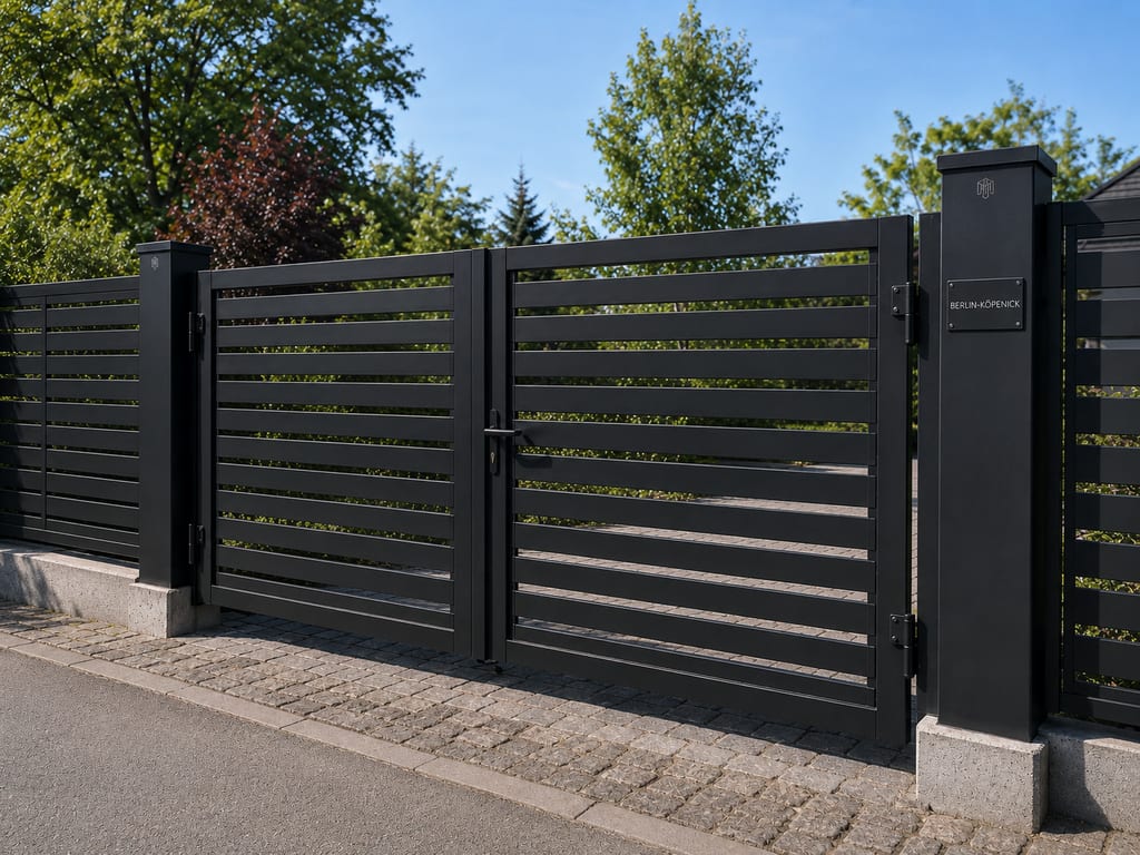 Anthrazitfarbene Metallzaun-Toranlage mit Gartentor und Einfahrtstor in Berlin-Köpenick